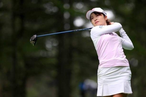 Kana Mikashima of Japan hits her tee shot on the 13th hole during the final round of the NEC Karuizawa 72 Golf Tournament at Karuizawa 72 Golf Kita...
