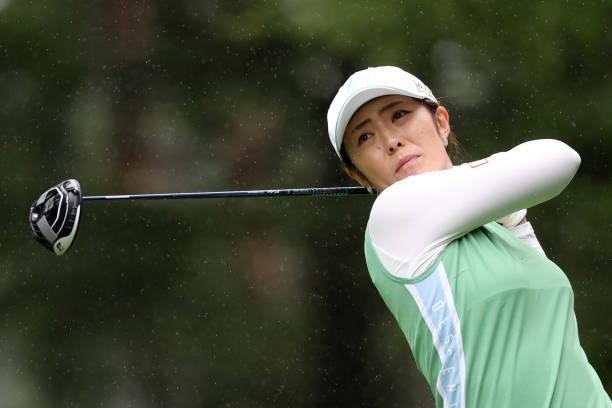 Ayaka Watanabe of Japan hits her tee shot on the 13th hole during the final round of the NEC Karuizawa 72 Golf Tournament at Karuizawa 72 Golf Kita...