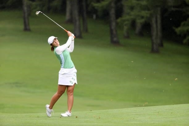 Ayaka Watanabe of Japan hits her third shot on the 13th hole during the final round of the NEC Karuizawa 72 Golf Tournament at Karuizawa 72 Golf Kita...
