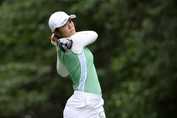 Ayaka Watanabe of Japan hits her tee shot on the 14th hole during the final round of the NEC Karuizawa 72 Golf Tournament at Karuizawa 72 Golf Kita...