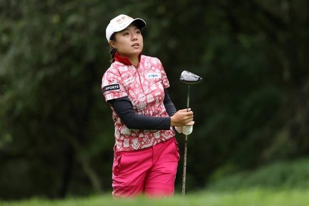 Pei-Ying Tsai of Chinese Taipei reacts after her tee shot on the 14th hole during the final round of the NEC Karuizawa 72 Golf Tournament at...