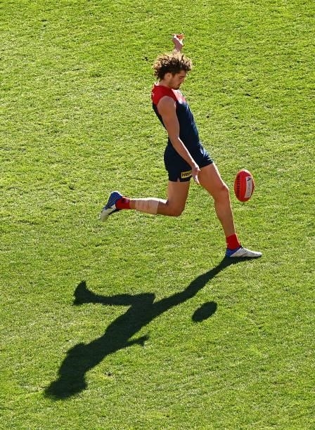 Luke Jackson of the Demons kicks during the round 22 AFL match between Melbourne Demons and Adelaide Crows at Melbourne Cricket Ground on August 15,...