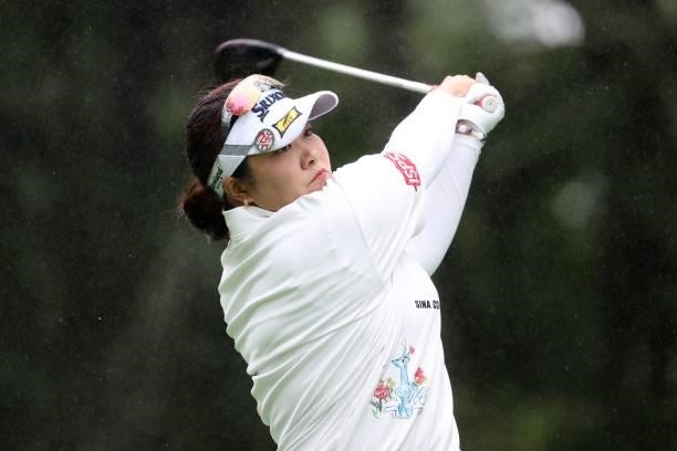 Miki Sakai of Japan hits her tee shot on the 14th hole during the final round of the NEC Karuizawa 72 Golf Tournament at Karuizawa 72 Golf Kita...