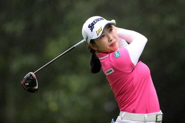 Sakura Koiwai of Japan hits her tee shot on the 14th hole during the final round of the NEC Karuizawa 72 Golf Tournament at Karuizawa 72 Golf Kita...