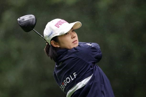 Rie Tsuji of Japan hits her tee shot on the 14th hole during the final round of the NEC Karuizawa 72 Golf Tournament at Karuizawa 72 Golf Kita Course...