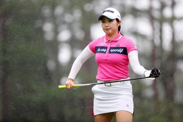 Sakura Koiwai of Japan is seen before her tee shot on the 15th hole during the final round of the NEC Karuizawa 72 Golf Tournament at Karuizawa 72...