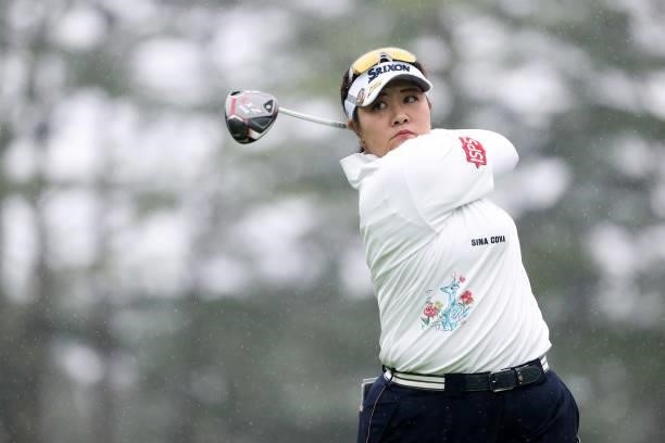 Miki Sakai of Japan hits her tee shot on the 15th hole during the final round of the NEC Karuizawa 72 Golf Tournament at Karuizawa 72 Golf Kita...
