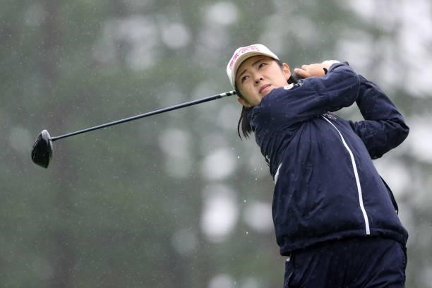 Rie Tsuji of Japan hits her tee shot on the 15th hole during the final round of the NEC Karuizawa 72 Golf Tournament at Karuizawa 72 Golf Kita Course...