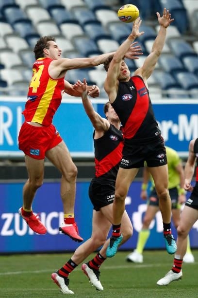 Ben King of the Suns attempts to mark the ball during the round 22 AFL match between Gold Coast Suns and Essendon Bombers at GMHBA Stadium on August...