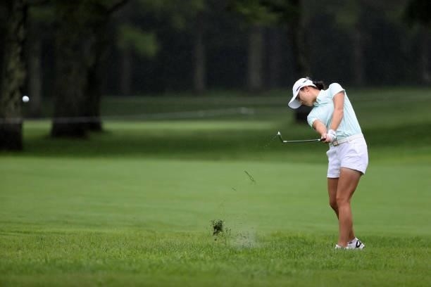 Haruka Morita of Japan hits her second shot on the 16th hole during the final round of the NEC Karuizawa 72 Golf Tournament at Karuizawa 72 Golf Kita...