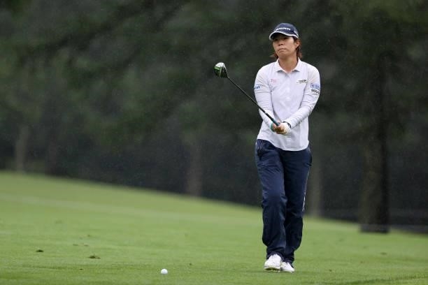 Lala Anai of Japan is seen before her second shot on the 16th hole during the final round of the NEC Karuizawa 72 Golf Tournament at Karuizawa 72...