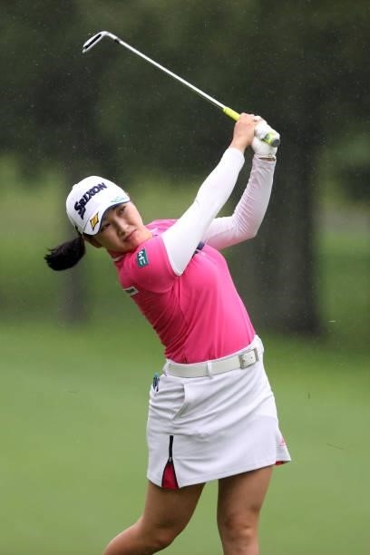 Sakura Koiwai of Japan hits her second shot on the 16th hole during the final round of the NEC Karuizawa 72 Golf Tournament at Karuizawa 72 Golf Kita...