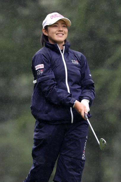 Rie Tsuji of Japan reacts after her third shot on the 16th hole during the final round of the NEC Karuizawa 72 Golf Tournament at Karuizawa 72 Golf...