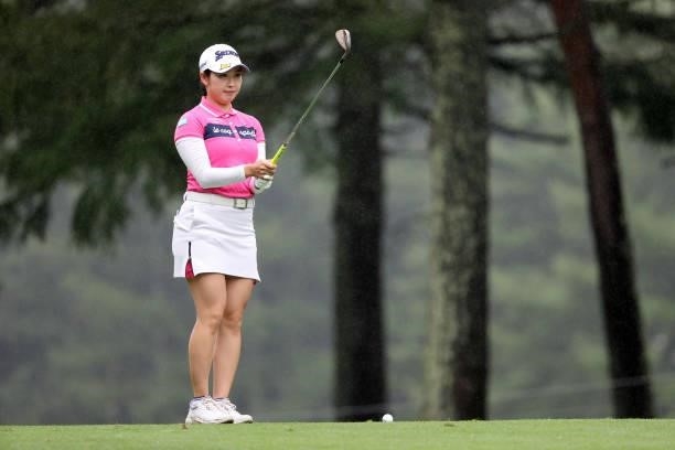 Sakura Koiwai of Japan is seen before her third shot on the 16th hole during the final round of the NEC Karuizawa 72 Golf Tournament at Karuizawa 72...