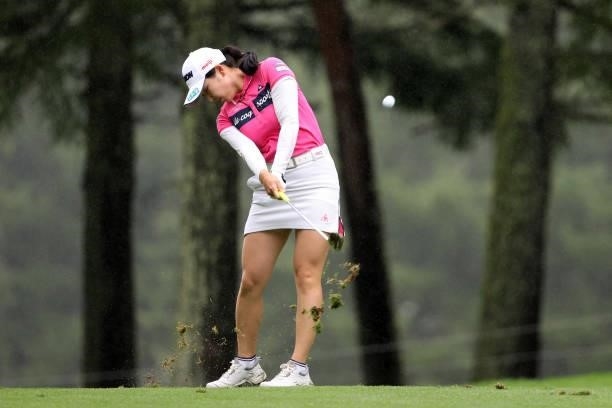 Sakura Koiwai of Japan hits her third shot on the 16th hole during the final round of the NEC Karuizawa 72 Golf Tournament at Karuizawa 72 Golf Kita...