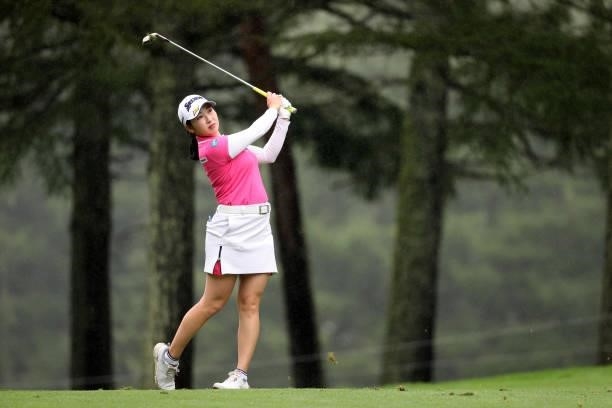 Sakura Koiwai of Japan hits her third shot on the 16th hole during the final round of the NEC Karuizawa 72 Golf Tournament at Karuizawa 72 Golf Kita...