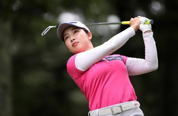 Sakura Koiwai of Japan hits her tee shot on the 17th hole during the final round of the NEC Karuizawa 72 Golf Tournament at Karuizawa 72 Golf Kita...