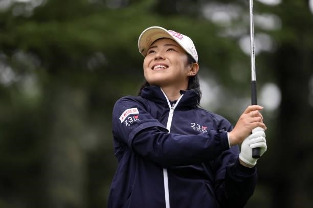 Rie Tsuji of Japan hits her tee shot on the 17th hole during the final round of the NEC Karuizawa 72 Golf Tournament at Karuizawa 72 Golf Kita Course...