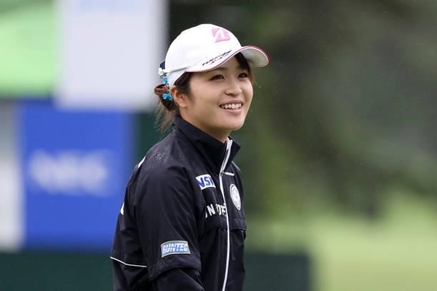 Kana Mikashima of Japan smiles after holing out on the 18th green during the final round of the NEC Karuizawa 72 Golf Tournament at Karuizawa 72 Golf...