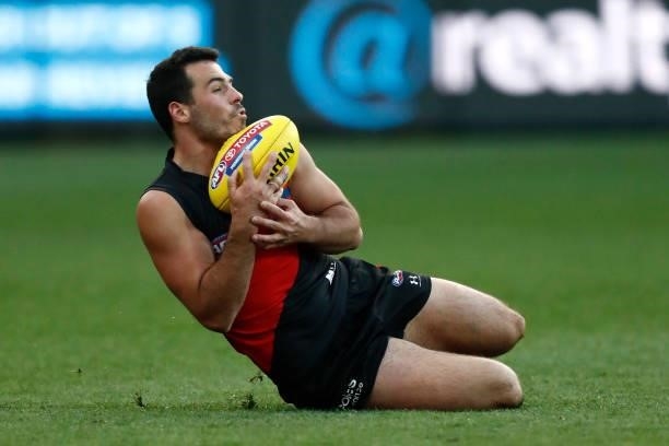 Alec Waterman of the Bombers marks the ball during the round 22 AFL match between Gold Coast Suns and Essendon Bombers at GMHBA Stadium on August 15,...
