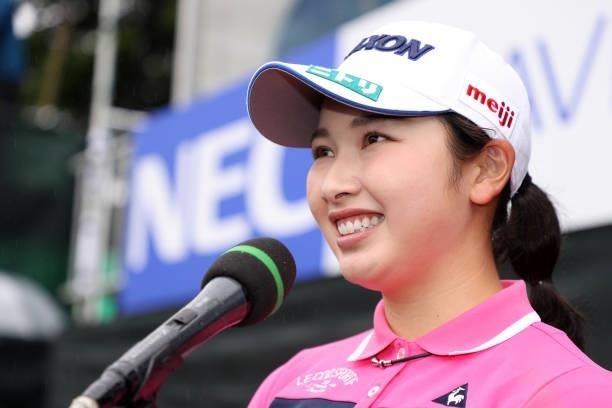 Sakura Koiwai of Japan is interviewed after winning the tournament following the final round of the NEC Karuizawa 72 Golf Tournament at Karuizawa 72...