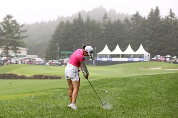 Sakura Koiwai of Japan hits her second shot on the 18th hole during the final round of the NEC Karuizawa 72 Golf Tournament at Karuizawa 72 Golf Kita...