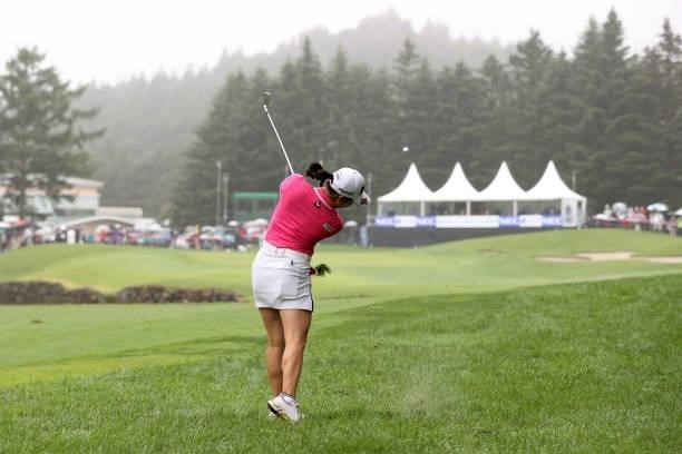 Sakura Koiwai of Japan hits her second shot on the 18th hole during the final round of the NEC Karuizawa 72 Golf Tournament at Karuizawa 72 Golf Kita...