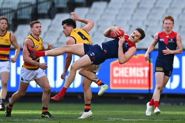 Jake Lever of the Demons marks during the round 22 AFL match between Melbourne Demons and Adelaide Crows at Melbourne Cricket Ground on August 15,...
