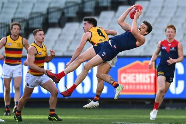 Jake Lever of the Demons marks during the round 22 AFL match between Melbourne Demons and Adelaide Crows at Melbourne Cricket Ground on August 15,...