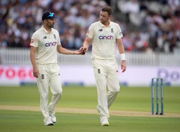 England bowlers Mark Wood and Ollie Robinson during day one of the Second LV= Insurance Test Match between England and India at Lord's Cricket Ground...