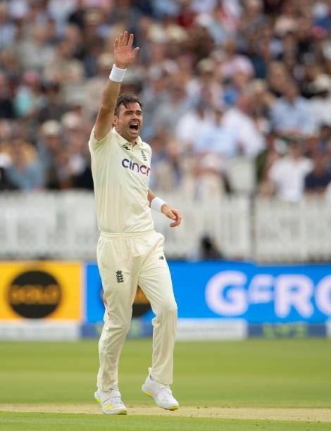 James Anderson of England during day one of the Second LV= Insurance Test Match between England and India at Lord's Cricket Ground on August 12, 2021...