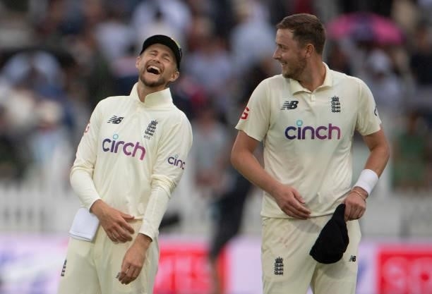 England Captain Joe Root shares a joke with Ollie Robinson during day one of the Second LV= Insurance Test Match between England and India at Lord's...