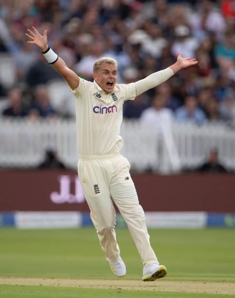 Sam Curran of England appeals unsuccessfully for the wicket of Rohit Sharma"n during day one of the Second LV= Insurance Test Match between England...