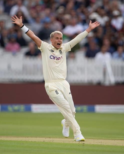 Sam Curran of England appeals unsuccessfully for the wicket of Rohit Sharma"n during day one of the Second LV= Insurance Test Match between England...