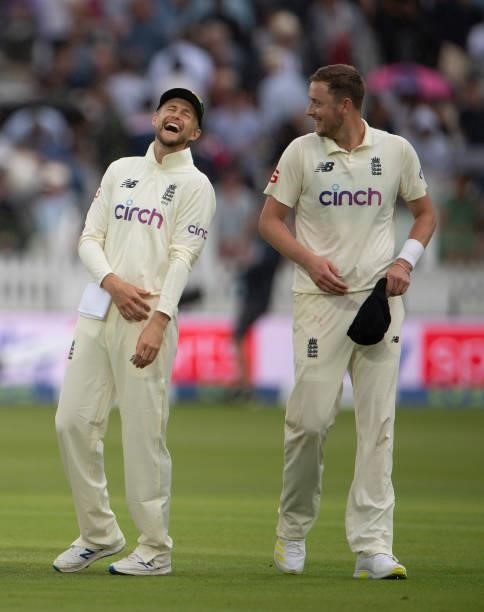 England Captain Joe Root shares a joke with Ollie Robinson during day one of the Second LV= Insurance Test Match between England and India at Lord's...