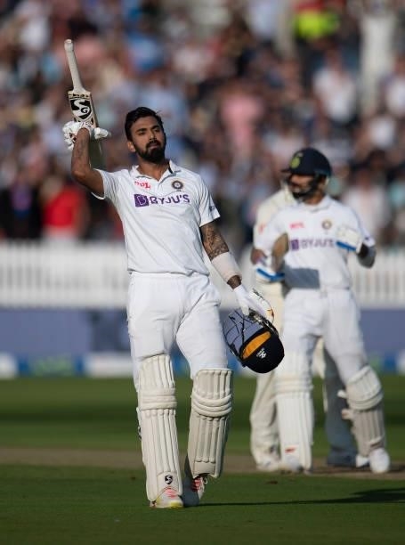 Rahul of India celebrates his century during day one of the Second LV= Insurance Test Match between England and India at Lord's Cricket Ground on...