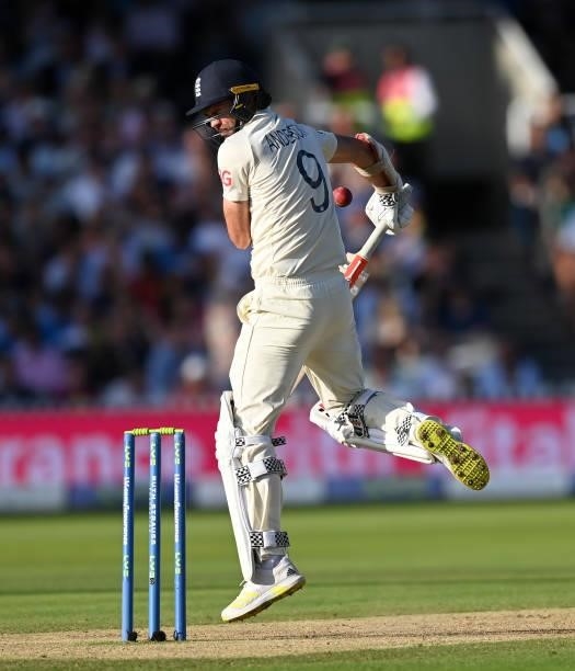 James Anderson of England is hits by a ball from Jasprit Bumrah of India during day three of the Second LV= Insurance Test Match between England and...