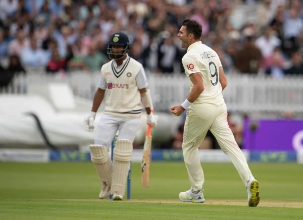 James Anderson of England celebrates taking the wicket of Cheteshwar Pujara during day one of the Second LV= Insurance Test Match between England and...