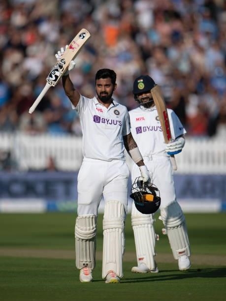 Rahul of India celebrates his century during day one of the Second LV= Insurance Test Match between England and India at Lord's Cricket Ground on...