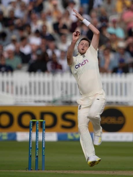 Ollie Robinson of England during day one of the Second LV= Insurance Test Match between England and India at Lord's Cricket Ground on August 12, 2021...