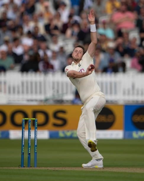 Ollie Robinson of England during day one of the Second LV= Insurance Test Match between England and India at Lord's Cricket Ground on August 12, 2021...