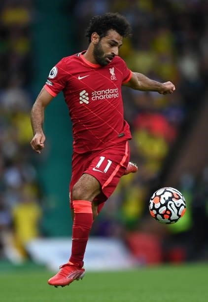 Mohamed Salah of Liverpool controls the ball during the Premier League match between Norwich City and Liverpool at Carrow Road on August 14, 2021 in...
