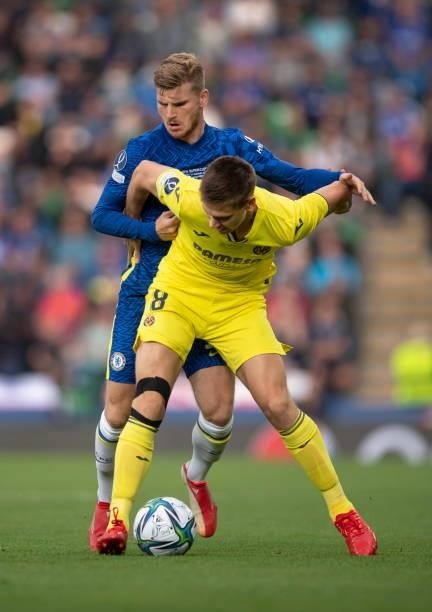Juan Foyth of Villarreal CF and Timo Werner of Chelsea in action during the UEFA Super Cup between Chelsea and Villarreal CF at Windsor Park on...