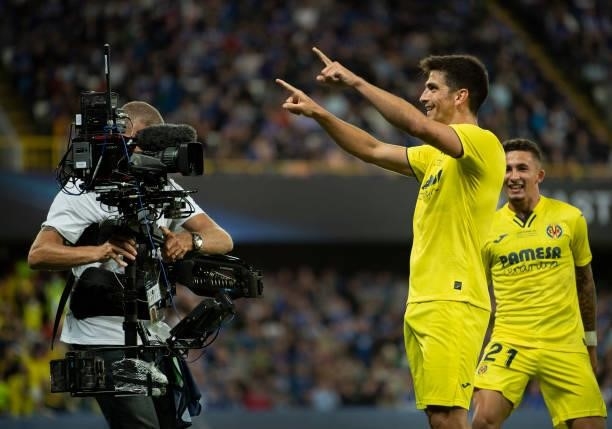 Villarreal CF goalscorer Gerard Moreno is filmed celebrating after scoring during the UEFA Super Cup between Chelsea and Villarreal CF at Windsor...