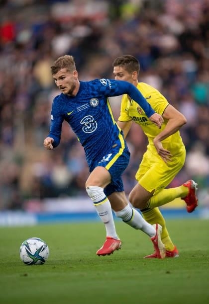 Timo Werner of Chelsea and Juan Foyth of Villarreal CF in action during the UEFA Super Cup between Chelsea and Villarreal CF at Windsor Park on...