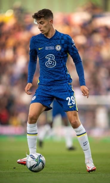 Kai Havertz of Chelsea in action during the UEFA Super Cup between Chelsea and Villarreal CF at Windsor Park on August 11, 2021 in Belfast, Northern...