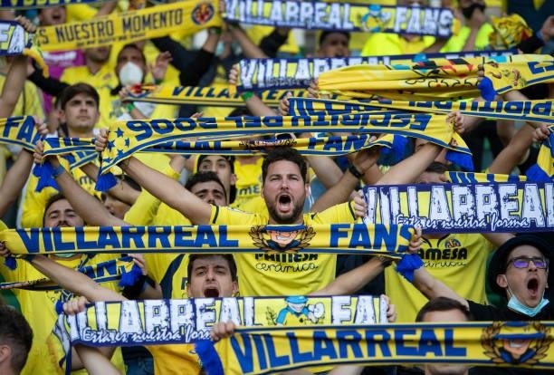 Th Villarreal CF fans before the UEFA Super Cup between Chelsea and Villarreal CF at Windsor Park on August 11, 2021 in Belfast, Northern Ireland.