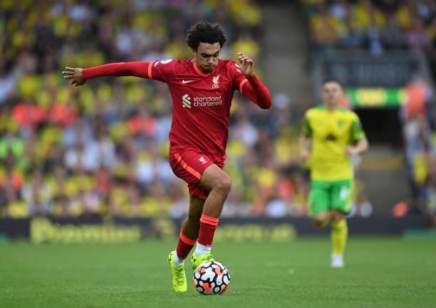 Trent Alexander-Arnold of Liverpool runs with the ball during the Premier League match between Norwich City and Liverpool at Carrow Road on August...