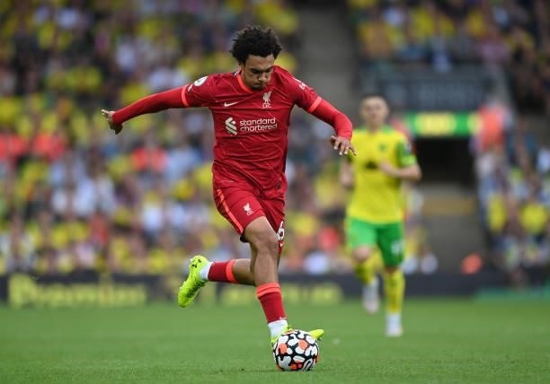 Trent Alexander-Arnold of Liverpool runs with the ball during the Premier League match between Norwich City and Liverpool at Carrow Road on August...