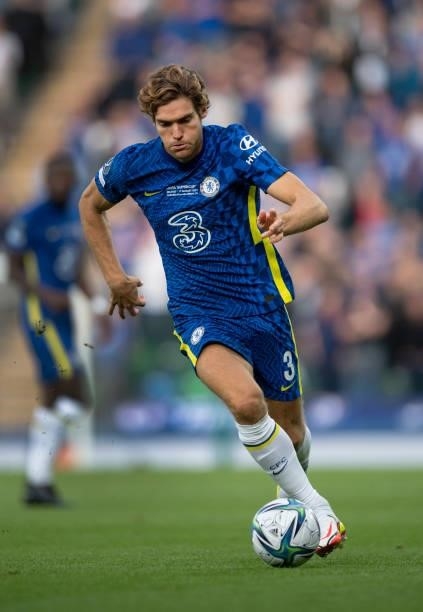 Marcos Alonso of Chelsea in action during the UEFA Super Cup between Chelsea and Villarreal CF at Windsor Park on August 11, 2021 in Belfast,...
